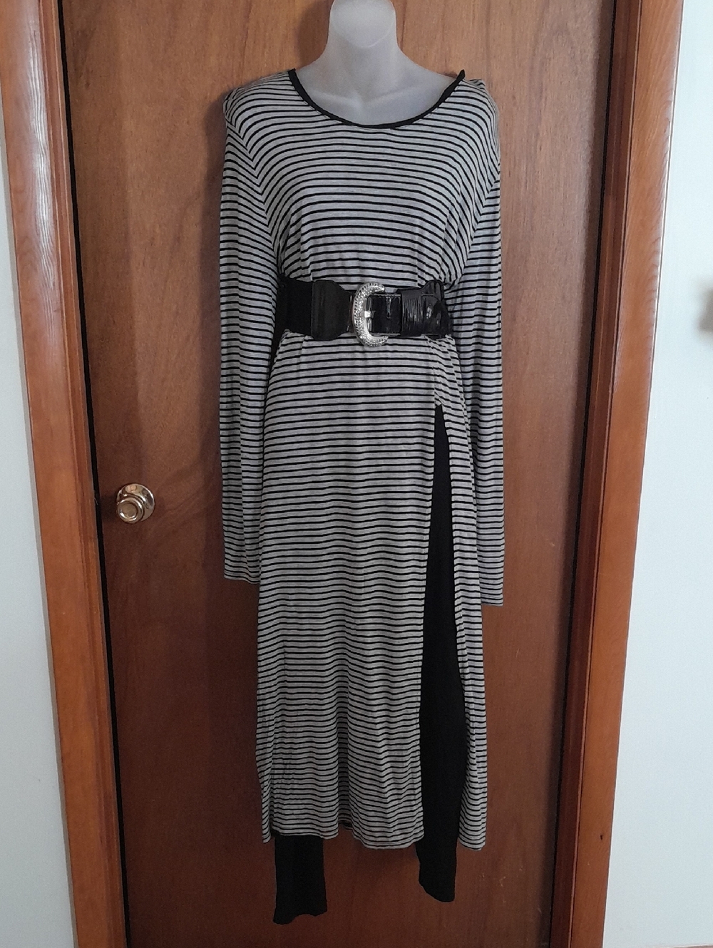 Striped Black and White Long Sleeve Midi Dress
